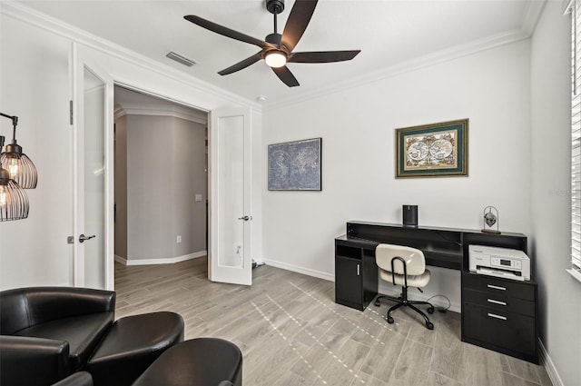 office area featuring light hardwood / wood-style floors, ornamental molding, and ceiling fan