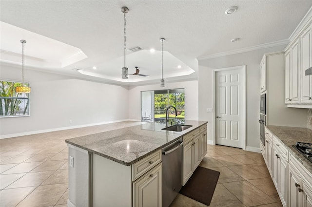 kitchen featuring a center island with sink, sink, decorative light fixtures, a raised ceiling, and appliances with stainless steel finishes