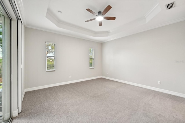 carpeted spare room featuring crown molding, ceiling fan, and a raised ceiling