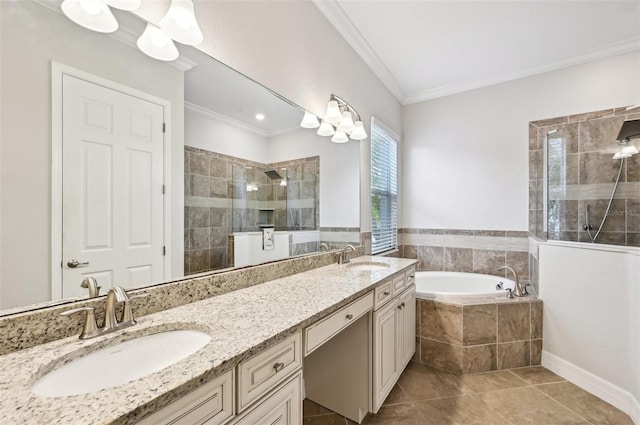 bathroom featuring vanity, crown molding, plus walk in shower, and tile patterned floors