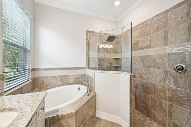 bathroom featuring vanity, crown molding, and plus walk in shower