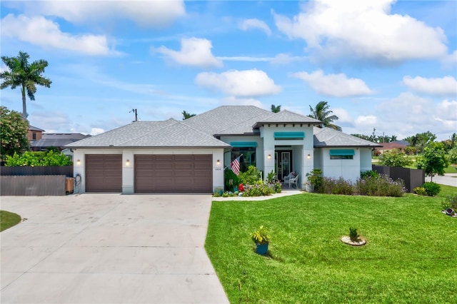 prairie-style house with a front yard and a garage