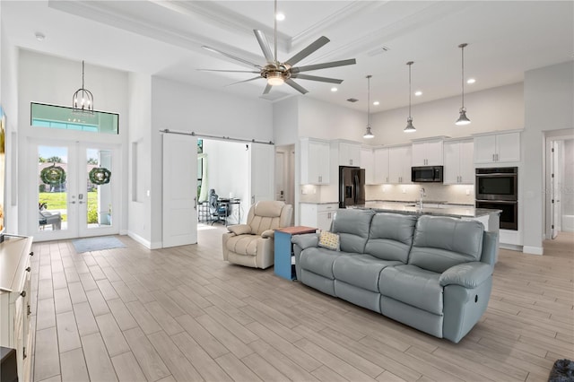 living room with light hardwood / wood-style flooring, a high ceiling, and a barn door