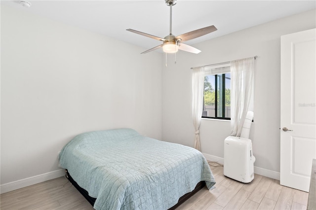 bedroom featuring light hardwood / wood-style floors and ceiling fan