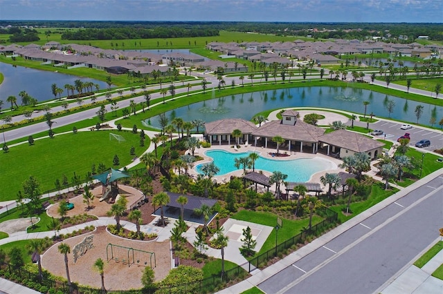 drone / aerial view featuring a water view