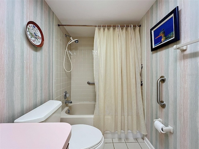 full bathroom with toilet, shower / bath combo, vanity, and tile patterned flooring