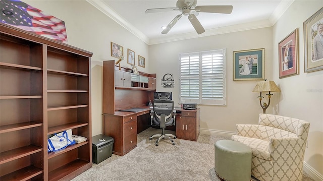 office with ceiling fan, crown molding, and light carpet