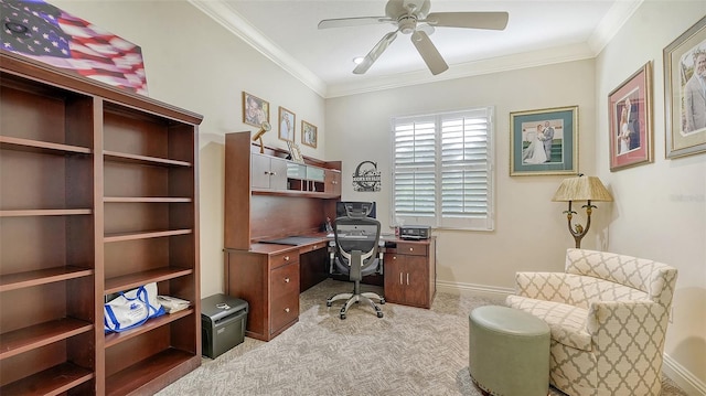 21 Bayhead Ln, Osprey, FL 34229 - home office with light colored carpet, ceiling fan, ornamental molding, and baseboards