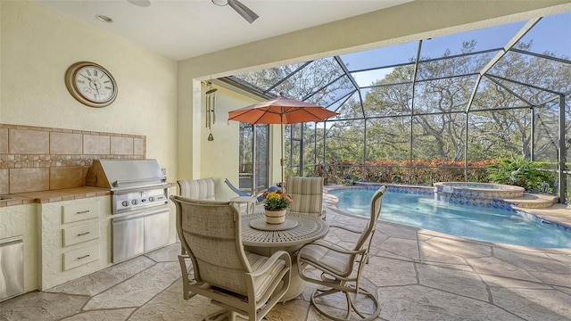 21 Bayhead Ln, Osprey, FL 34229 - view of patio / terrace featuring a ceiling fan, a lanai, and a pool with connected hot tub