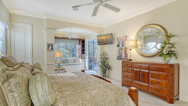 tiled bedroom with access to outside, ceiling fan, and crown molding