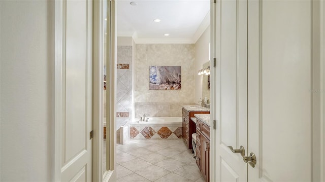 21 Bayhead Ln, Osprey, FL 34229 - full bathroom with vanity, crown molding, tile patterned flooring, and a garden tub