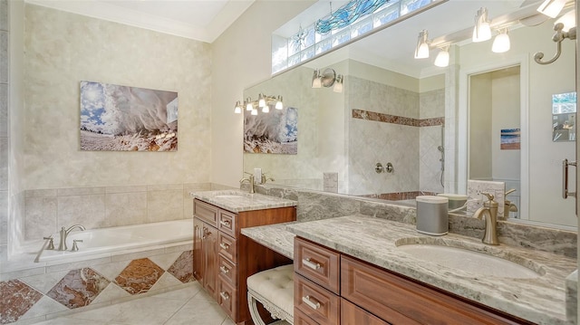 21 Bayhead Ln, Osprey, FL 34229 - bathroom featuring two vanities, a bath, crown molding, tile patterned floors, and tiled shower