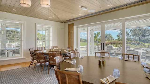 dining space featuring plenty of natural light and wooden ceiling