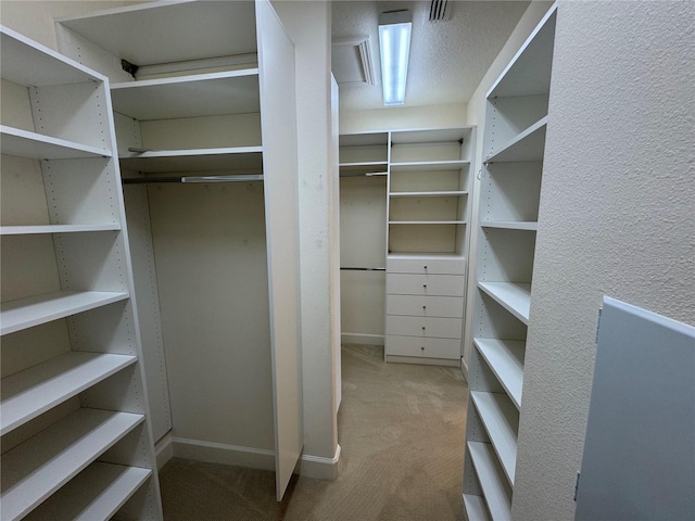 walk in closet with light colored carpet