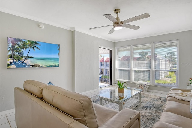 tiled living room with crown molding and ceiling fan