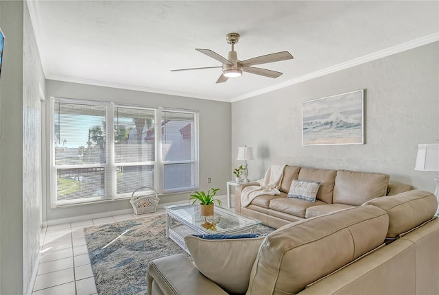 tiled living room with crown molding and ceiling fan