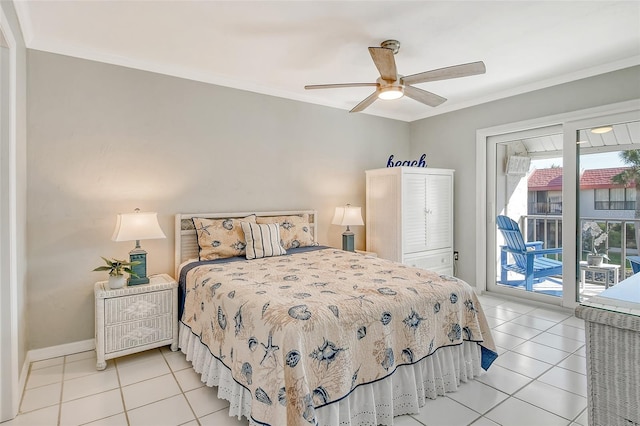 tiled bedroom with crown molding, access to outside, and ceiling fan