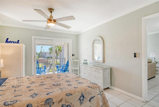 tiled bedroom with ceiling fan, crown molding, and access to exterior