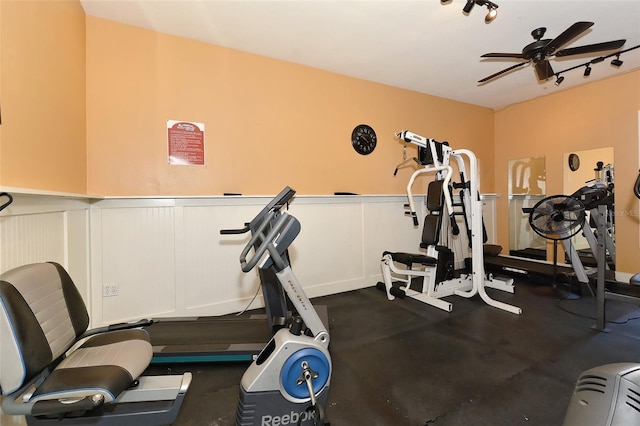 workout area with ceiling fan