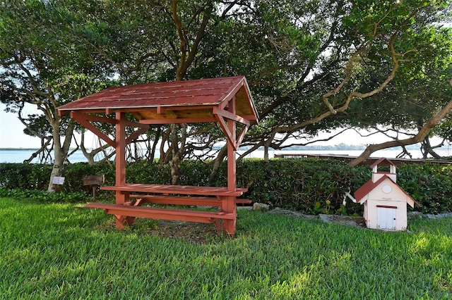 view of home's community with a yard and a water view