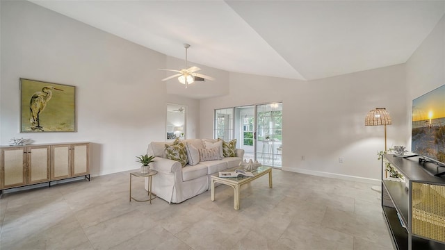 living room with high vaulted ceiling, baseboards, and a ceiling fan