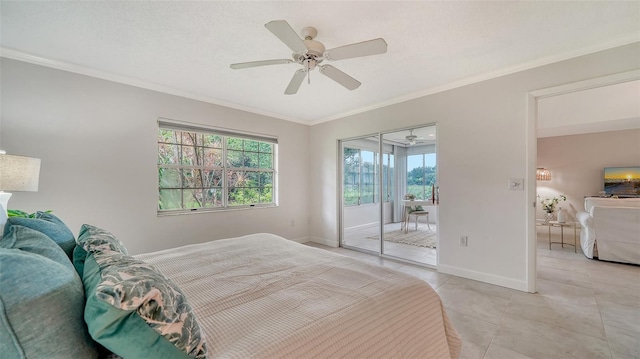 bedroom featuring baseboards, a ceiling fan, ornamental molding, access to exterior, and light tile patterned flooring