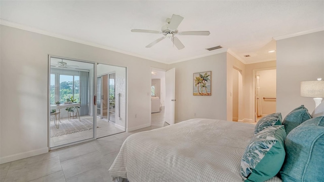 bedroom with light tile patterned floors, baseboards, ceiling fan, access to exterior, and crown molding