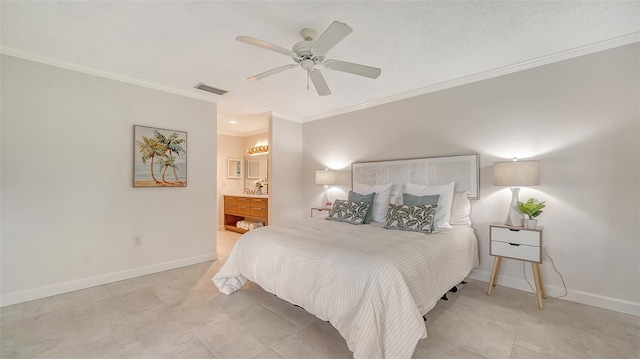 bedroom with a ceiling fan, visible vents, crown molding, and baseboards