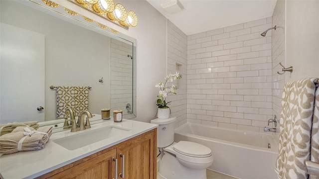 full bath featuring  shower combination, visible vents, vanity, and toilet