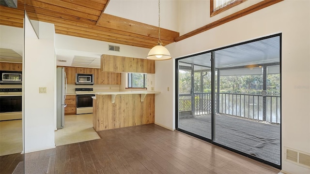 kitchen with kitchen peninsula, backsplash, appliances with stainless steel finishes, dark hardwood / wood-style floors, and pendant lighting