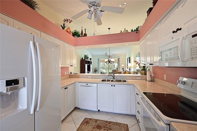 kitchen with white cabinetry, sink, white appliances, and kitchen peninsula