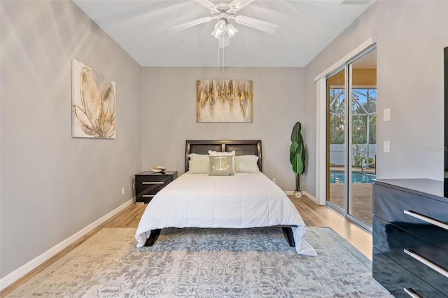 bedroom with access to outside, ceiling fan, and light hardwood / wood-style floors