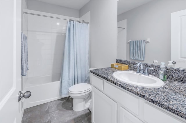 bathroom with shower / bath combo, vanity, and toilet