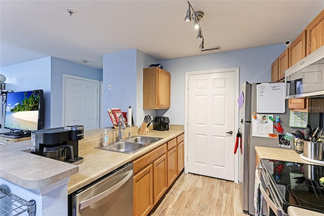 kitchen featuring light hardwood / wood-style flooring, sink, kitchen peninsula, and stainless steel appliances