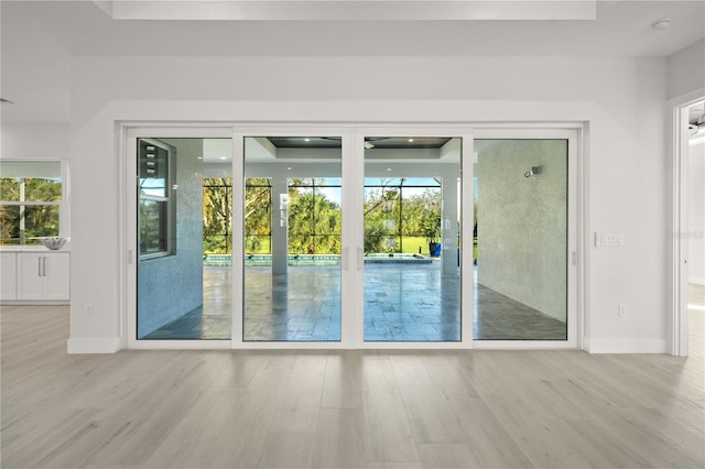 doorway featuring light wood-type flooring, a raised ceiling, and plenty of natural light