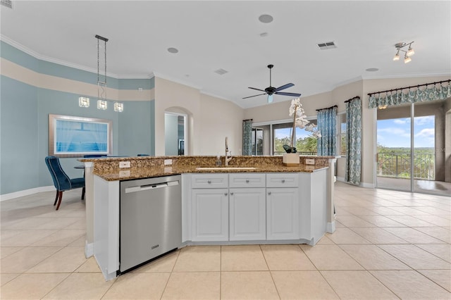 kitchen with dishwasher, a wealth of natural light, hanging light fixtures, and sink