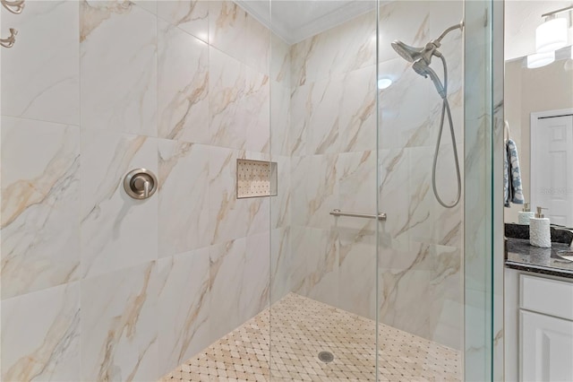 bathroom featuring vanity and a tile shower