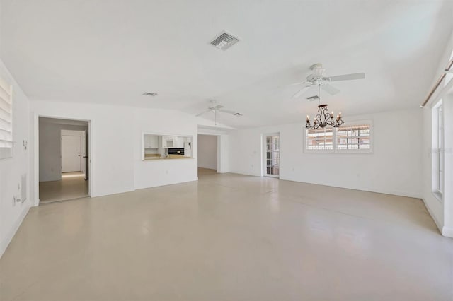 unfurnished living room featuring ceiling fan with notable chandelier