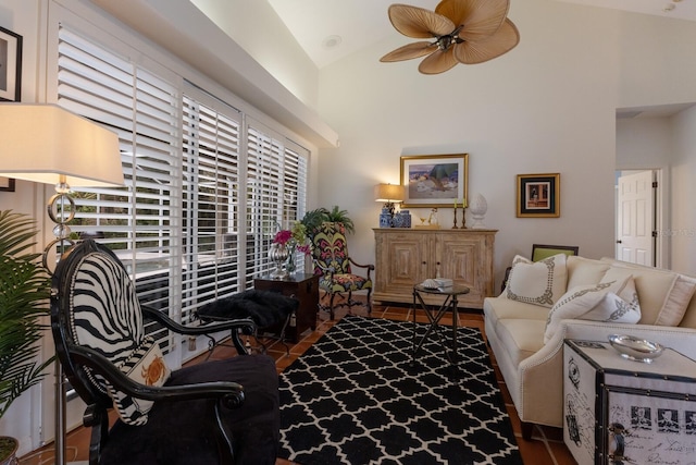 interior space with hardwood / wood-style flooring, ceiling fan, and vaulted ceiling