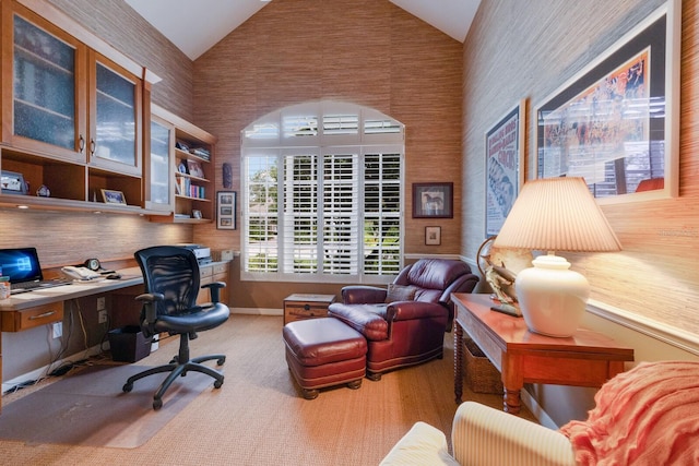 8223 Regents Ct, University Park, FL 34201 - home office with built in desk, baseboards, carpet, and high vaulted ceiling