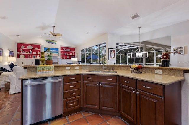 kitchen with stainless steel dishwasher, dark brown cabinets, vaulted ceiling, sink, and hanging light fixtures