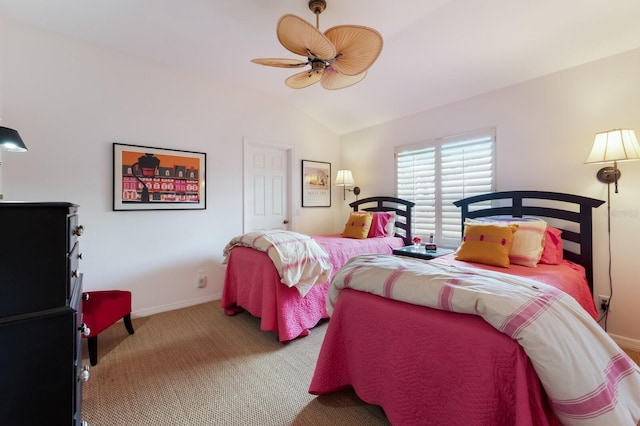 8223 Regents Ct, University Park, FL 34201 - bedroom featuring vaulted ceiling, carpet, ceiling fan, and baseboards