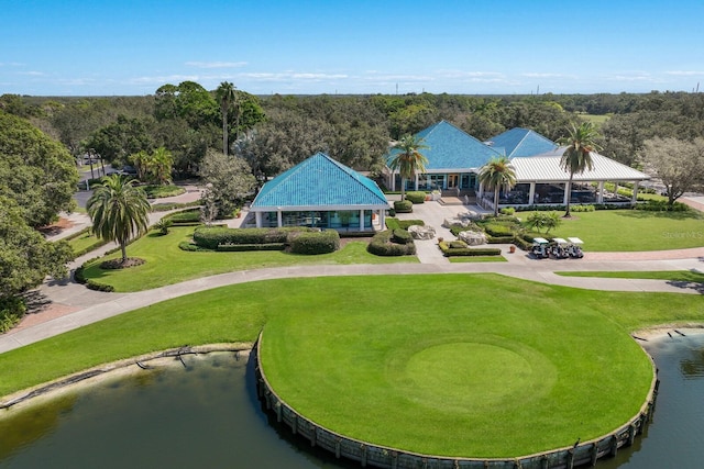 birds eye view of property featuring a water view