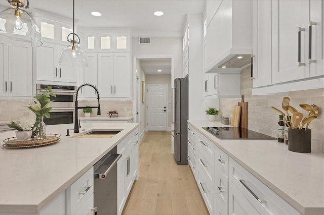 kitchen with hanging light fixtures, appliances with stainless steel finishes, white cabinetry, custom range hood, and sink