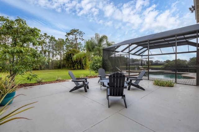 view of patio with glass enclosure