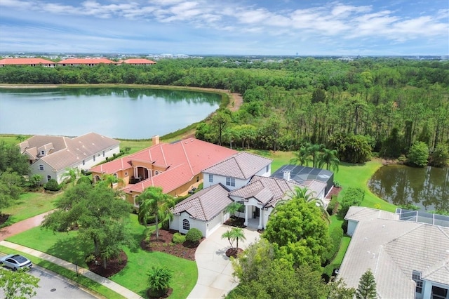 birds eye view of property featuring a water view