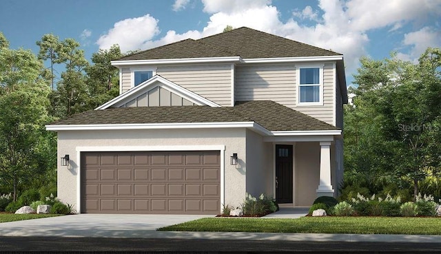 15165 Shady Palms Ln, Nokomis, FL 34275 - traditional-style home featuring a shingled roof, driveway, an attached garage, and stucco siding
