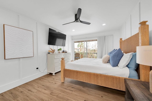 bedroom featuring light wood-type flooring and ceiling fan