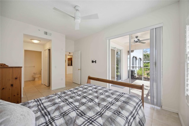 tiled bedroom featuring ceiling fan, ensuite bathroom, and access to exterior