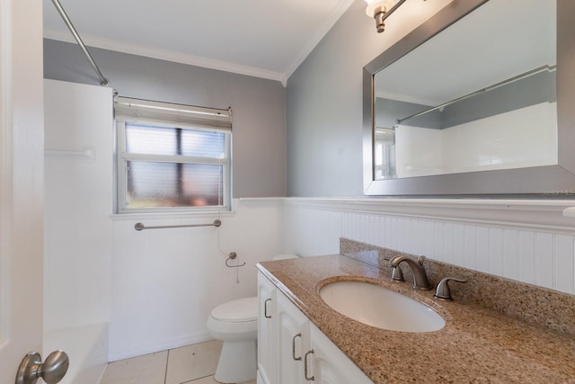 full bathroom featuring toilet, shower / tub combination, vanity, crown molding, and tile patterned flooring